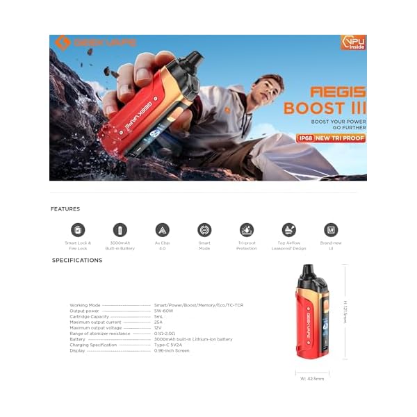 GEEKVAPE Aegis Boost 3 Kit 60W | Aegis Boost III 3 Mod 3000mAh Batterie + 5ML GEEKVAPE B60 Aegis Boost 2 Cartouche Fit B Coil | Sans nicotine