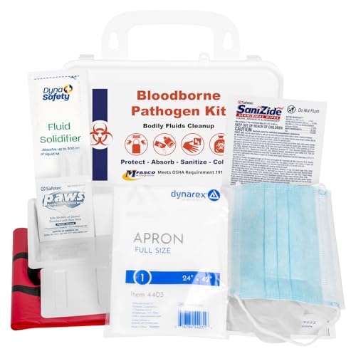 MFASCO Blood Borne Pathogens Clean Up Kit - Wall-Mountable or Portable - OSHA Compliant - Disposable Protection Gear - Bleach-Free Solidifier - Easy Cleanup - Compact Design - Refillable - 9 Pcs