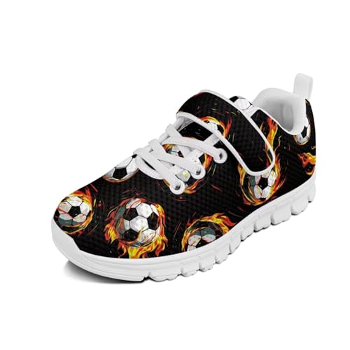 Little Kid Shoes for Boys & Girls Breathable Tennis Running Sneakers for Kids Fire Soccer Pattern（White Sole）