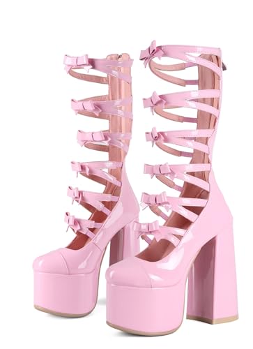 Kawaii Sweet Lolita Chunky Platform Knee High Heeled Boots, Cosplay Anime Patent Bow Ribbon, Y2K Gothic Hot Cute Lovely Girl Big Large Size Shoes For Women Men