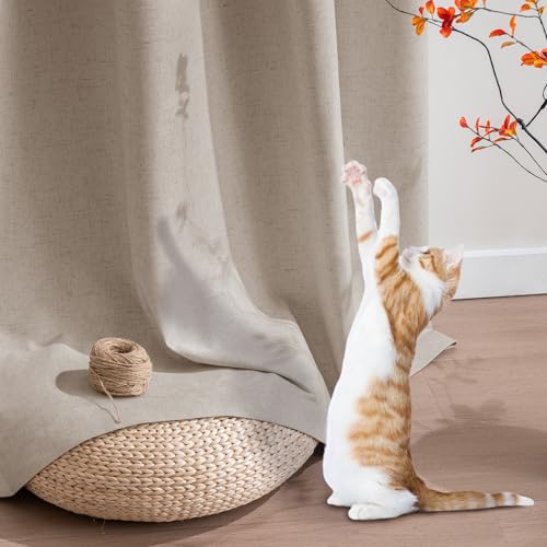Image of PrinceDeco Linen Blackout Curtains 90 Inch Length Room Darkening Curtains with Natural Slubs & Grayish (Not Solid) Black Out Curtains for Bedroom Full Light Blocking Drapes - Heathered Sand