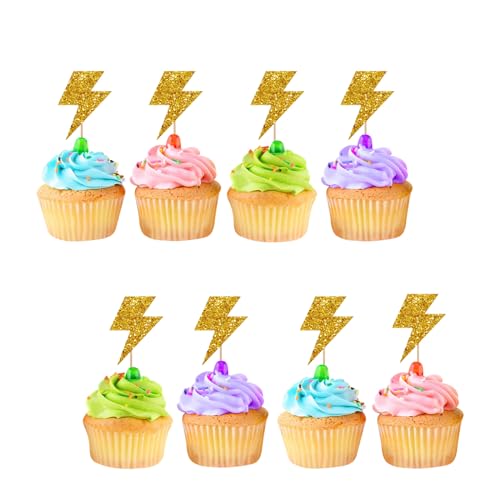 24pcs Lightning Cupcake Toppers for Baby Shower, Lightning Sign Cupcake Toppers, Gold Glitter Lightning Cake Decoration for Baby 1st Birthday Party Supplies