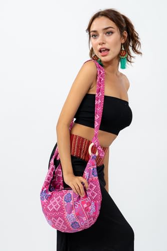Image of Hobo Crossbody Bag for Women - Handmade Cotton Boho Purse with Wooden Ring | Lightweight Slouchy Shoulder Sling Tote Bag