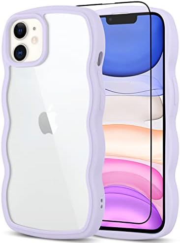Tjkings with Screen Protector Cute Curly Wave Frame Shockproof Soft TPU iPhone 11 Shockproof Case for Women Girls-Purple