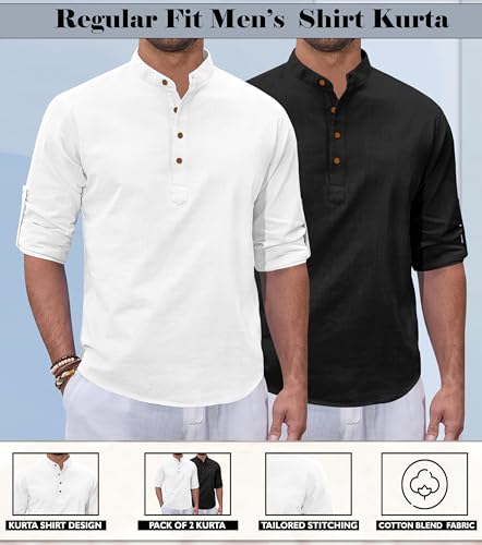 Image of Zombom Combo of Men's Casual Solid Cotton Polyester Blend Full Sleeve Straight Kurta Shirt (Pack of 2)