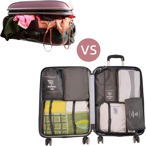Image of 7pcs Set Travel Organizer Packing Cubes Lightweight Travel Luggage Organizers with Laundry Bag or Toiletry Bag Laundry Organiser. (Black)