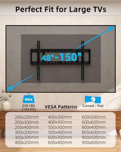 Heavy Duty TV Wall Mount for 48-150 inch Large TVs up to 330 LBS & 900x600mm Vesa, Fixed Low-Profile Slim TV Mount Wall Bracket Fit 16