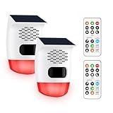 PILSAMAS 2-Pack Solar Motion Sensor Alarm - Custom Voice Upload, Deer & Raccoon Deterrent, Motion Activated Voice Player & Strobe Light, IP65 for Chicken Coop, Pool Gate, Garage, Farm Protection