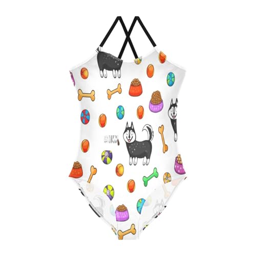 Cute Cartoon Dogs White Girls' One Piece Halter Swimsuit, Summer Beach Bathing Suit, 3-10
