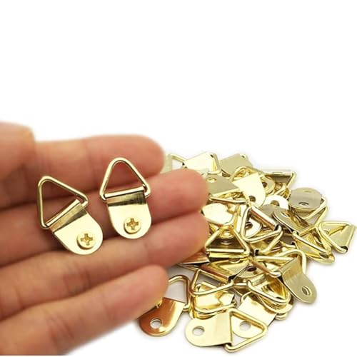 Image of 100Pcs Metal Small Triangle Ring Picture Hangers with Screws Artwork Photo Picture Frames Hanger Wall Mount Hook Picture Hanging Hardware for Hanging Picture Frames, Gold