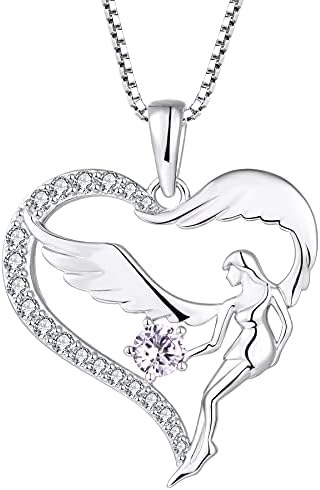 FJ Heart Angel Necklace Guardian Angel Wing Pendant Necklace 925 Sterling Silver with Birthstone Cubic Zirconia Jewellery Gifts for Women Girls