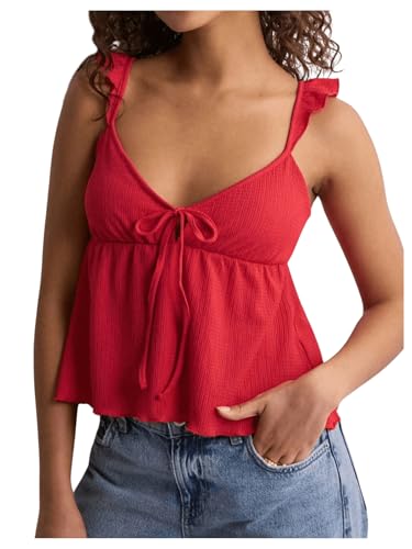 Women's Tie Front V Neck Camisole Top Sleeveless Ruffle Hem Peplum Crop Tops