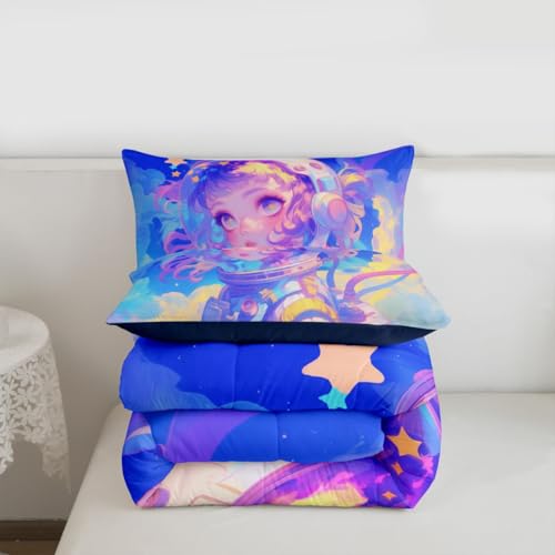 Image of Erosebridal Watercolor Anime Girl Bedding, 3D Anime Comforter Set Cosmo Galaxy Sci-Fi Virtual Reality Twin Bed Comforter Set for Boys Girls Graffti Stars Print Duvet Insert, 1 Comforter 1 Pillowcase