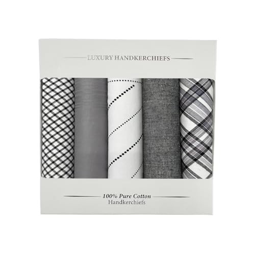 Image of 5 Pack Handkerchief Mens Cotton Luxury Hot Silver Gift Box Set, Vintage 40x40cm Fancy Design Pocket Square Hankie Gift Pack