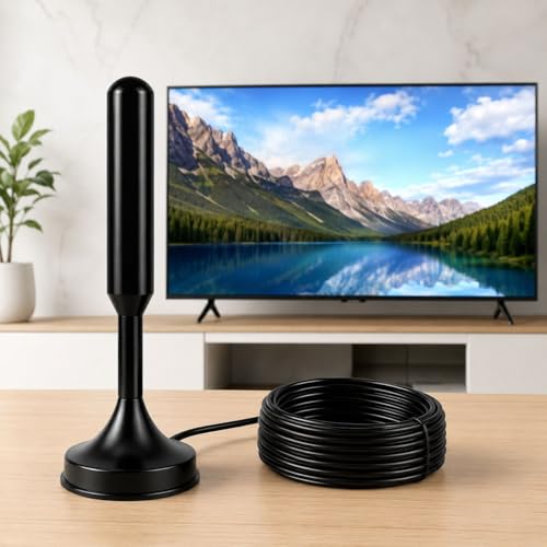 Antena TV Digital Amplificada Interna e Externa HDTV UHF VHF, Base Magnética com Super Ímã, Cabo de Longo Alcance, Compatível