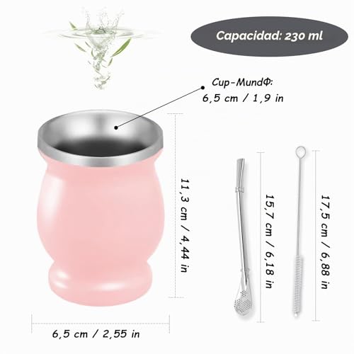 Miniatura 2 de Set Mate, Juego De Mate, Taza De Mate De Acero Inoxidable, Juego De Mate, Con Pajita Y Cepillo De Limpieza, Para Uso Doméstico, En Restaurantes Y Hoteles, Para Mate, Café, Rosa