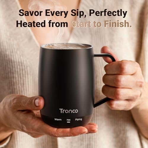 Image of Tronco Temperature Control Heated Coffee Mug 14 oz - Rechargeable Self-Heating Smart Mug with Lid - Manual Control, 3 Modes, 130 Min Battery Life, Auto Shut-Off (Black)