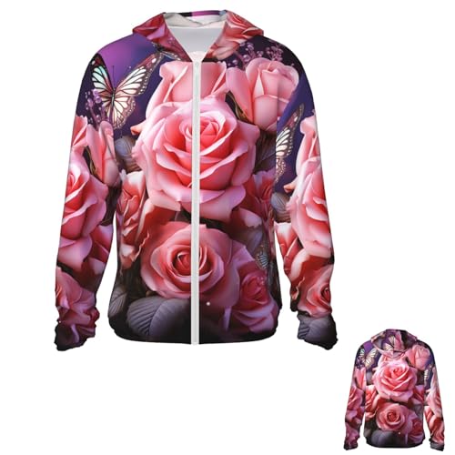 NONHAI Men's Sun Protection Jacket UPF 50+ Full Zipper Long Sleeve UV Hoodie Shirt Rose and Butterflies Women's Outdoor Jacket