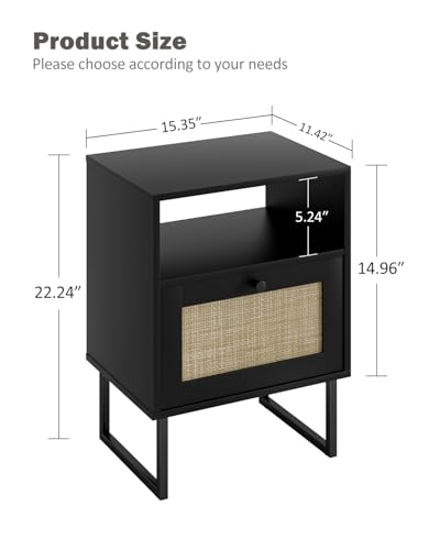 Image of Rattan Nightstand, Boho Night Stand Farmhouse Wood Bedside Table with Storage and Open Shelf, End Side Accent Table for Bedroom,Living Room,Black