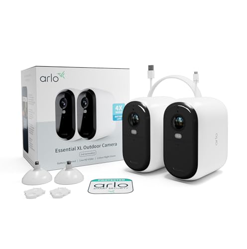 Arlo Essential HD XL Telecamera WiFi Esterno Senza Fili, Telecamera WiFi Interno, Batteria Da 24 Mesi*, Sirena Allarme Casa, Sensore Di Movimento, Prova Arlo Secure Inclusa, 2 Telecamere, Bianche