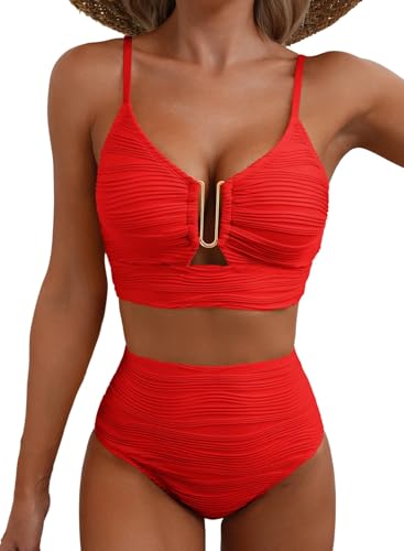 Herseas Women Swimsuits 2 Piece U-Wired Push up Ribbed Ruched High Rise Bikini Sets Longline Modest...