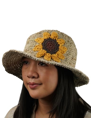 Pachamama Damen-Sonnenhut aus Hanf-Baumwolle, gehäkelt, breite Krempe, Sonnenblume, Einheitsgröße, faltbar, Reisen, Urlaub, Strand, Garten, Schlenker, handgefertigt, Fair-Trade, natürlich, natur,