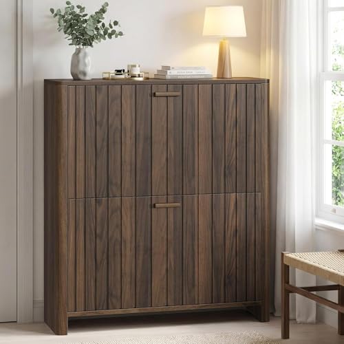 Smart FENDEE Shoe Cabinet with 2 Flip Drawers, 31.5 Inch Narrow Fluted Shoe Organizer with Gradient Wood Strips Door for Entryway Hallway, Living Room Storage Furniture, Walnut