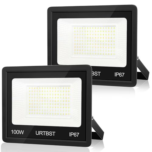 URTBST Projecteur LED Extérieur 100W, 10000LM IP67 Étanche, 7000K Blanc Froid Pour Cour, Jardin, Garage, Terrasse (2 Pièces)