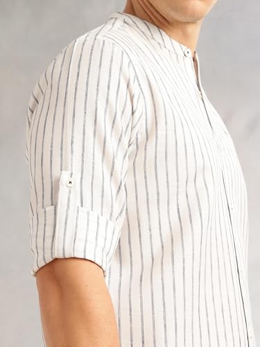 Image of Thomas Scott Men's Slim Fit Cotton Linen Casual Shirt with Mandarin Collar | Vertical Stripes | Three-Quarter Roll-Up Sleeves