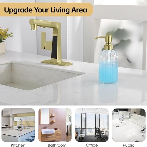 Image of Gold Refillable Glass Kitchen Soap Dispenser,16oz Bathroom Soap Dispenser with Vertical Strip,Golden 304 Stainless Steel Pump Head, Clear Thick Glass,for Modern Home Decor, Countertop, Hotel