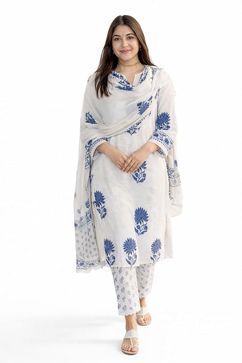 Image of Nermosa Women's Hand Block Floral Printed Straight Kurta Set with Palazzo Pants & Dupatta Ethnic Kurta Set for Casual Outings Day Events Summer Wear Festive