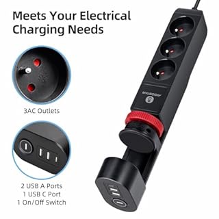 Aigostar Multiprise de Bureau avec Interrupteur, 3 Prises + 2 USB-A + 1 USB-C, Câble 1.5m, pour Maison et Bureau,Noir