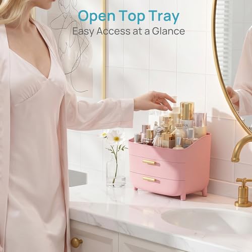 Image of Vtopmart 3-Tier Skincare Makeup Organizer with Drawers for Vanity and Bathroom Countertop, Large Cosmetic Storage Box Case for Dresser, with Non-Slip Base, Pink