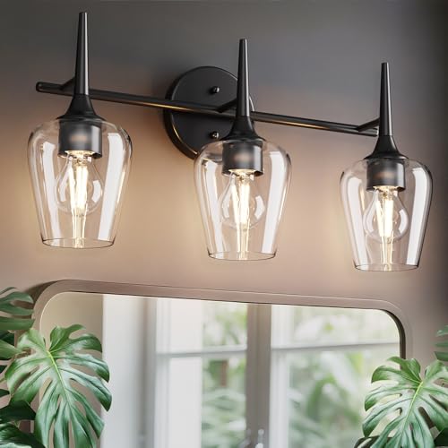 Image of Black Vanity Light 3-Light Modern Farmhouse Bathroom Light Fixture with Wine Glass Shades for 24 Inch Mirror, Wall Sconce for Hallway Bedroom