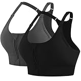 Lot de 2 Brassière Sport Femme, Fermeture Devant Zippée Soutien Gorge de Sport Réglable sans Armature sans Couture avec Coussinets (Noir Gris, L)