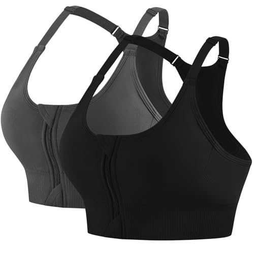 QXURkut 2 Pack Adjustable Sports Bras for Women, Zip Front Fastening High Impact Seamless Wireless Padded Workout Gym Yoga Bra (Black Grey, M)