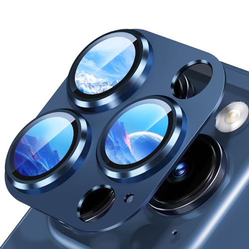Camera Lens Protector for iPhone 15 Pro/15 Pro Max, 9H Tempered Glass Camera Cover Screen Metal Ring Case Friendly Scratch Resistant Easy to Install-Blue Titanium
