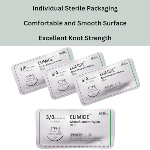 Image of ELIMIDE Veterinary Nylon Non-Absorbable Monofilament Sutures, Reverse Cutting 3 /8 Circle, 24mm, 3 /0 30 inch (76 cm), 12 Individual Pack, FS1, Blue, 663NL