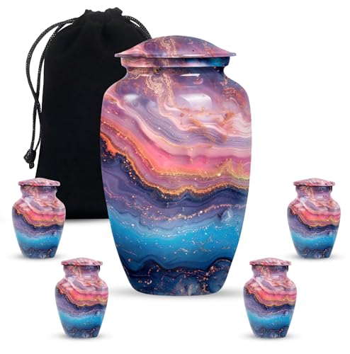 Galactic Sunset Urn – 10inch Large with Velvet Bag & 4 Small Keepsake Ash Urns for Human Ashes, Memorial Funeral Decorative Cremation Adult Set