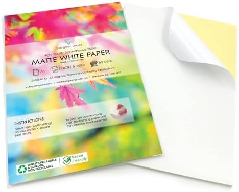 Evergreen Goods 30 Sheets A4 Matte White Sticker Paper Label | Inkjet & Laser Printable | Quality Self-Adhesive Sticky Back | Make Stickers at Home, Product Labels | Cutting Machine Compatible
