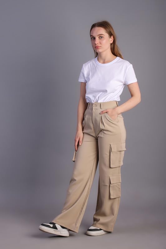 Image of HIGH Buy Women Korean 5 Pocket Cargo Comfort and Styles Baggy Super Lycra Pants for Women and Girls - Perfect High Waist Trousers for Women