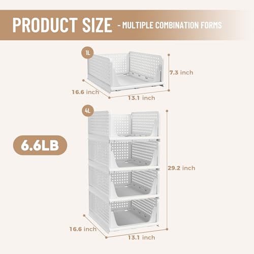 Image of Pinkpum Stackable Plastic Storage Basket, Foldable Closet Organizers, Drawer Shelf Storage Container /Bins for Wardrobe Kitchen Bathroom Office Dorm, White, 4 Packs