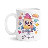 Rainbow Rocket Ship Coffee Mug 11oz 15oz, Custom Name Cute Astronaut Ceramic Cup, Cartoon Rocket White Mug, Personalized Outer Space Themed Cup, Gifts for Son Daughter -  Handmade Customized Gifts