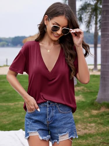 Image of UNCLECAT Womens Deep V Neck T Shirts Summer Oversized Short Sleeve Tops