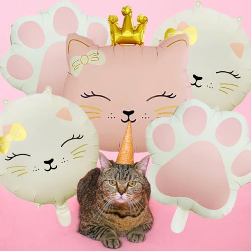 Image of 5Pcs Cat Foil Balloon, Pink & Cream White | Cat Paw, Cute Crown Kitten, Pet Cat Themed Birthday Party, Baby Shower & Wedding Themed Party Decorations