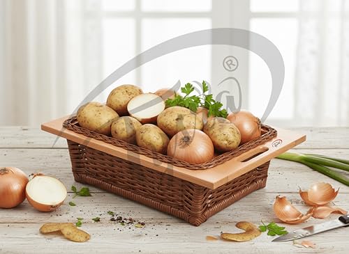 Image of Wicker Baskets For Modular Kitchen | Wood-Pvc Pull Out Basket With Handle|Large Square Shape Storage Baskets for Onion, Potato & Fruits (22.25W(564mm)X20Lx4H Inches (Dark Brown(Double Partition)