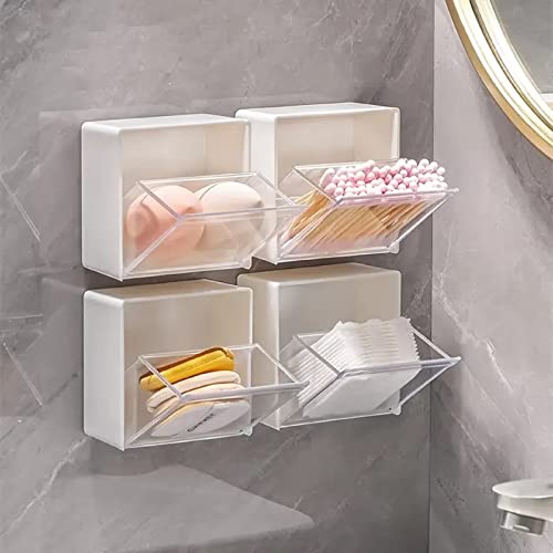 4 Pack Wall Mounted Cotton Swab Holder, Mini Cosmetic Storage Box Bathroom Vanity Storage Canister Holder for Cotton Swabs,Balls,Makeup Pads,Sponges(No drilling)