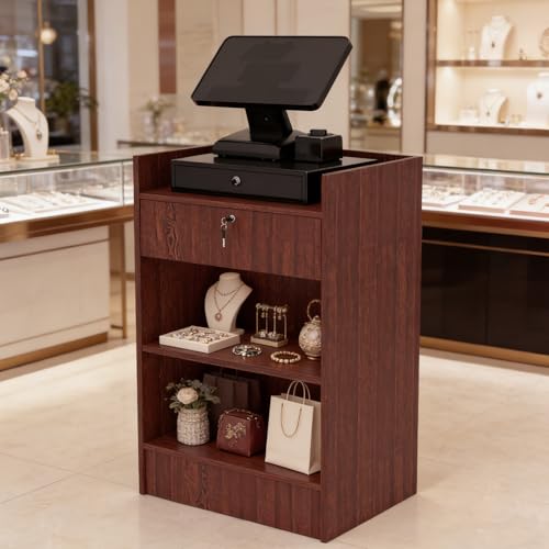 Image of 24 inchW * 18 inchD * 38 inchH - Cash Register Stand,Cash Wrap Checkout Desk Counter Stand with Drawer & 2 Tiers Storage for Church, Retail Store, Debate, Shopping Mall (Walnut)