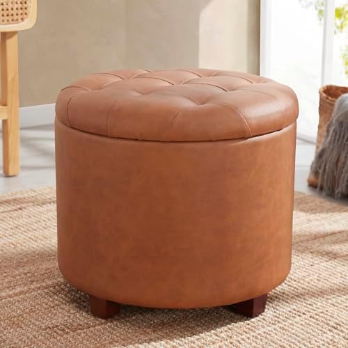 Ornavo Home Round Storage Ottoman with Lid – 18" Faux Leather Tuf...