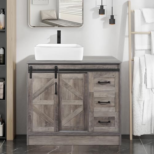 SOLIDEE 36 Inch Barn Door Bathroom Vanity, Farmhouse Style Standing
